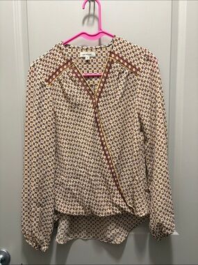 Max Studio Cream and Burgundy Geometric Print Blouse